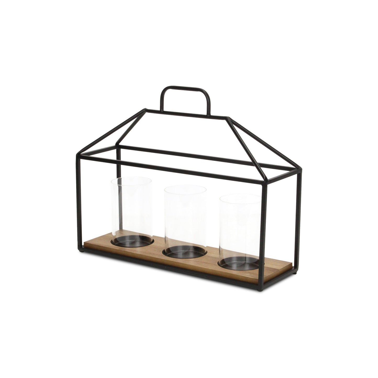 15" Black Metal Glass And Wood Geometric Three Light Hurricane Candle Holder - Loft&Timber