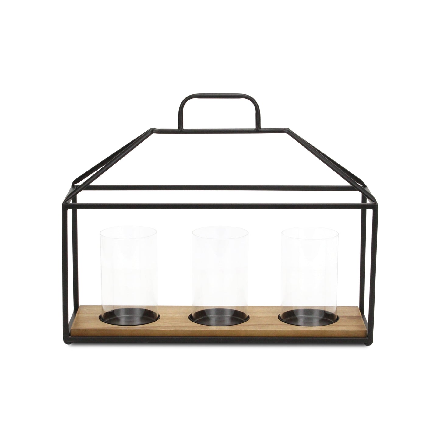 15" Black Metal Glass And Wood Geometric Three Light Hurricane Candle Holder - Loft&Timber
