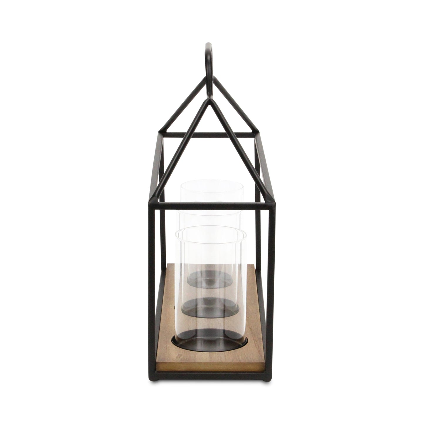 15" Black Metal Glass And Wood Geometric Three Light Hurricane Candle Holder - Loft&Timber