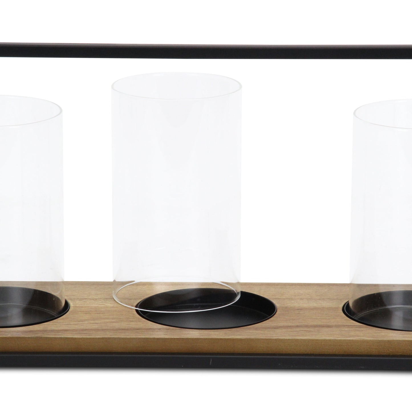 15" Black Metal Glass And Wood Geometric Three Light Hurricane Candle Holder - Loft&Timber