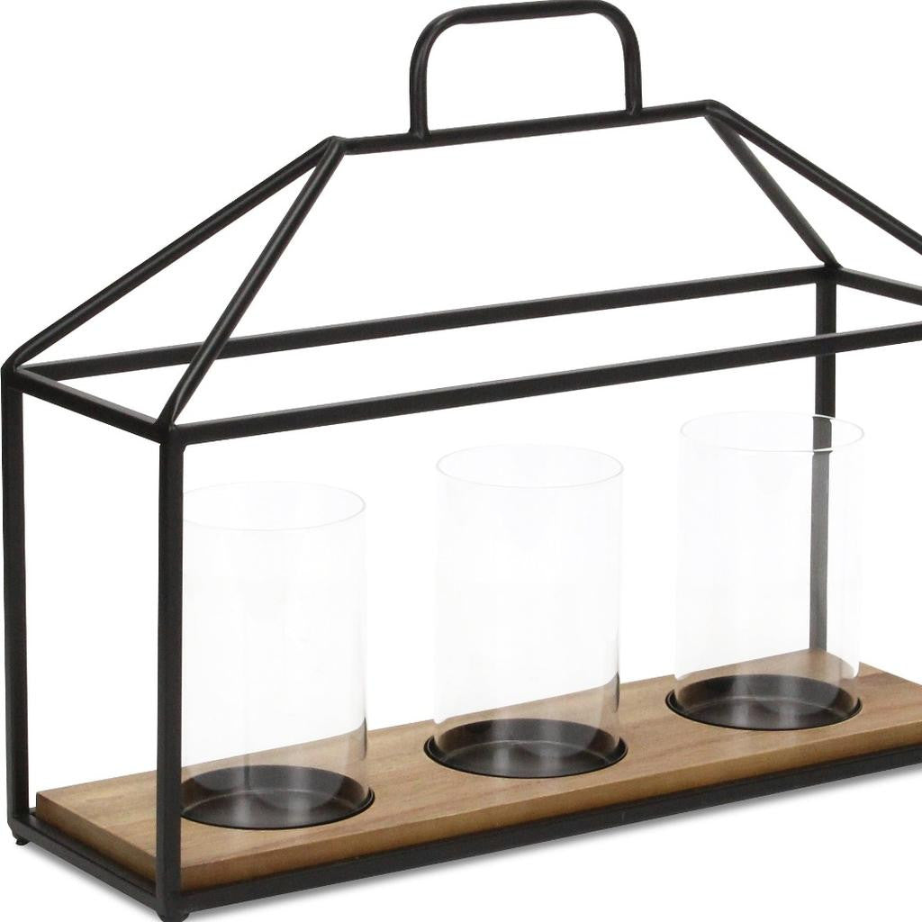 15" Black Metal Glass And Wood Geometric Three Light Hurricane Candle Holder - Loft&Timber