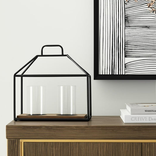 15" Black Metal Glass And Wood Geometric Two Light Hurricane Candle Holder - Loft&Timber