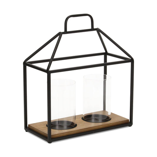 15" Black Metal Glass And Wood Geometric Two Light Hurricane Candle Holder - Loft&Timber