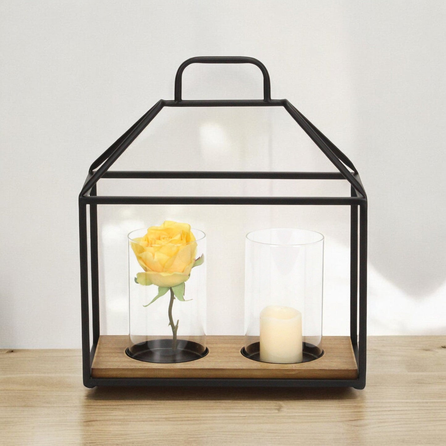 15" Black Metal Glass And Wood Geometric Two Light Hurricane Candle Holder - Loft&Timber
