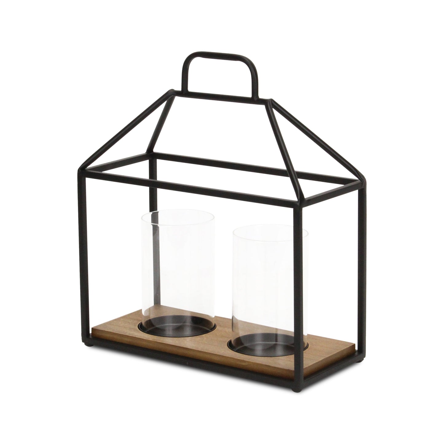 15" Black Metal Glass And Wood Geometric Two Light Hurricane Candle Holder - Loft&Timber