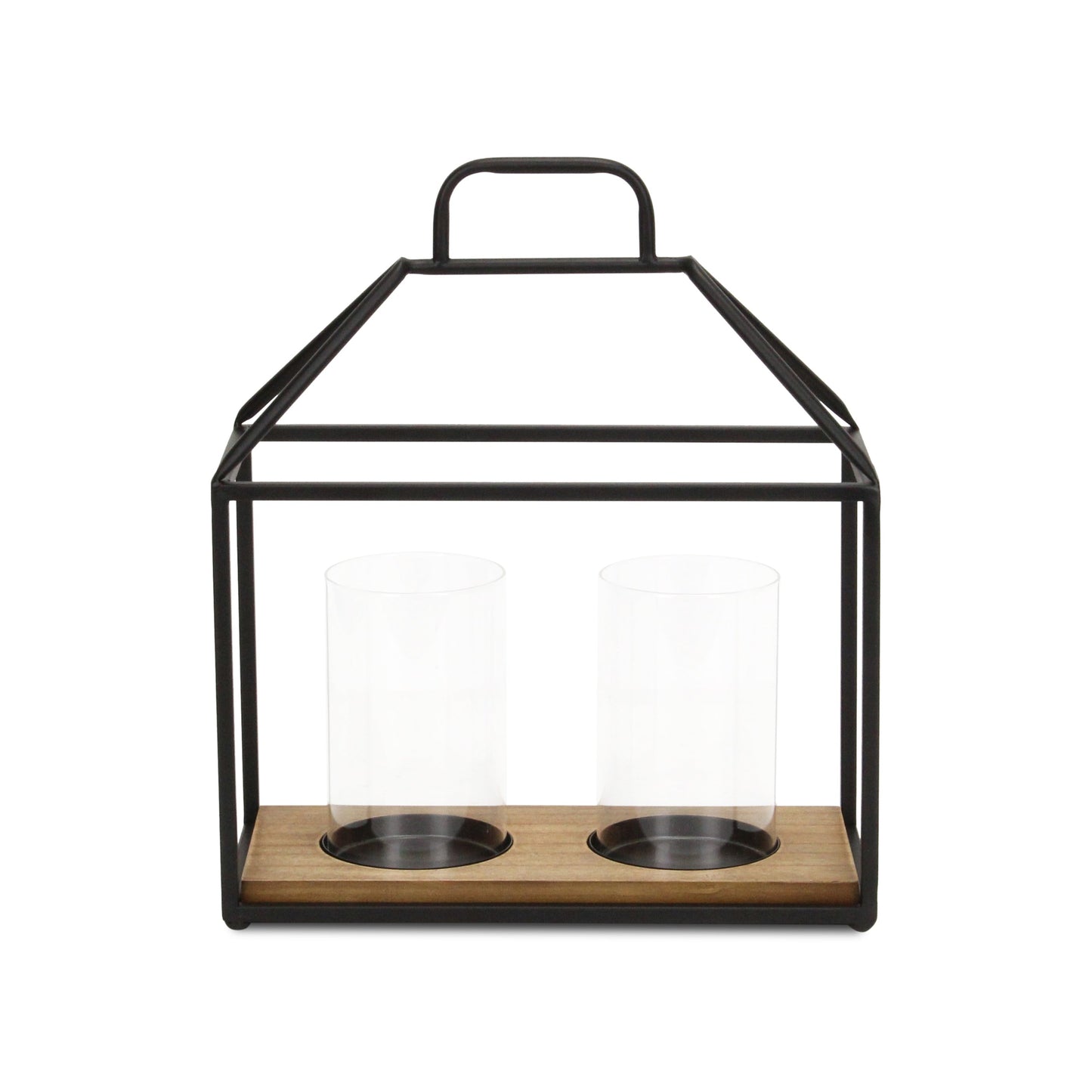 15" Black Metal Glass And Wood Geometric Two Light Hurricane Candle Holder - Loft&Timber