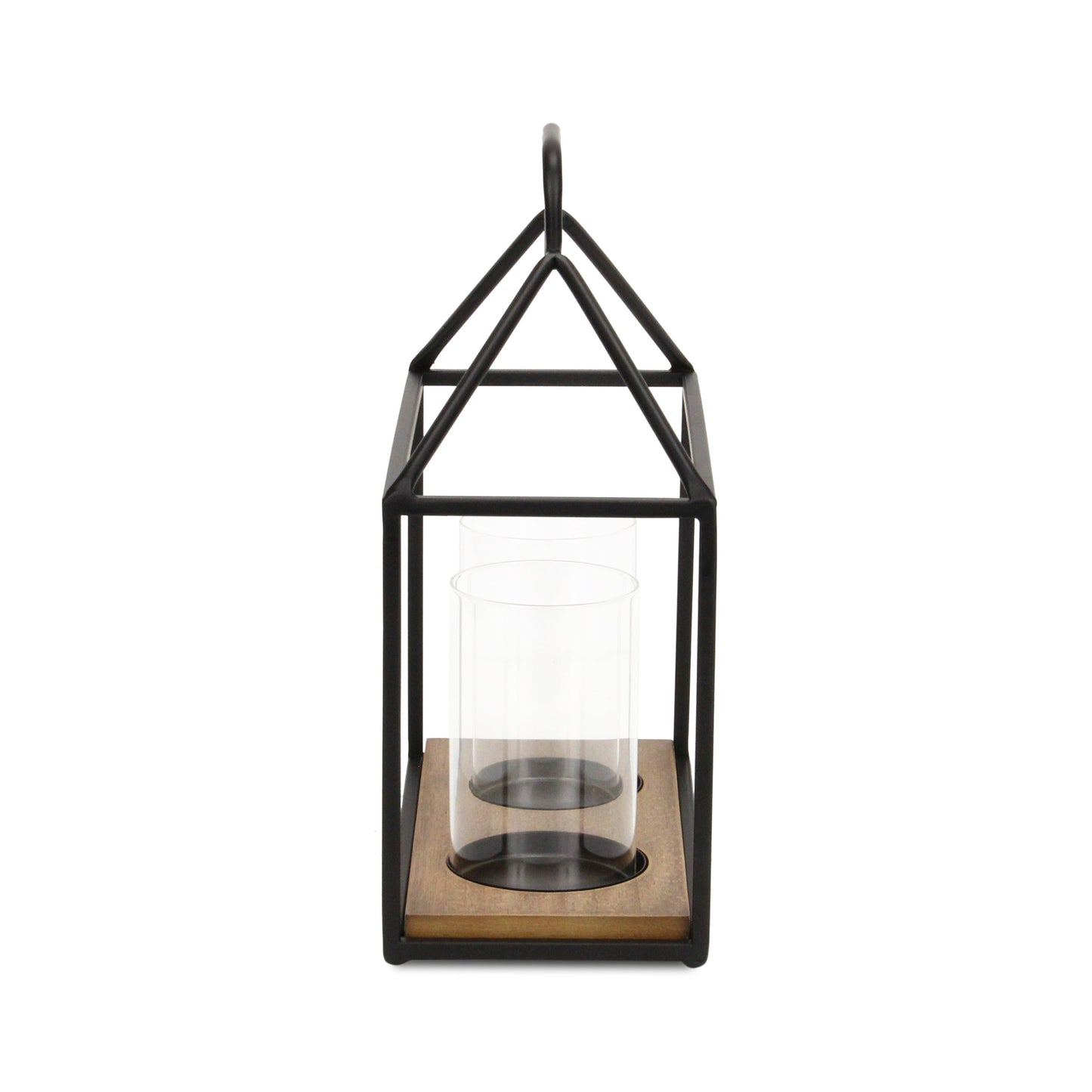 15" Black Metal Glass And Wood Geometric Two Light Hurricane Candle Holder - Loft&Timber