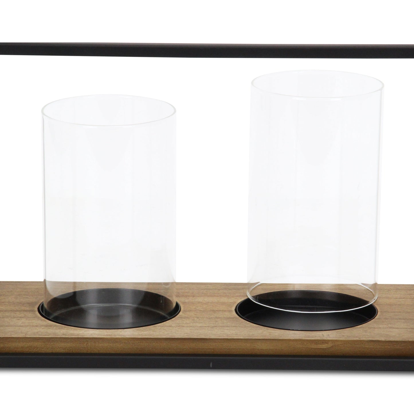 15" Black Metal Glass And Wood Geometric Two Light Hurricane Candle Holder - Loft&Timber
