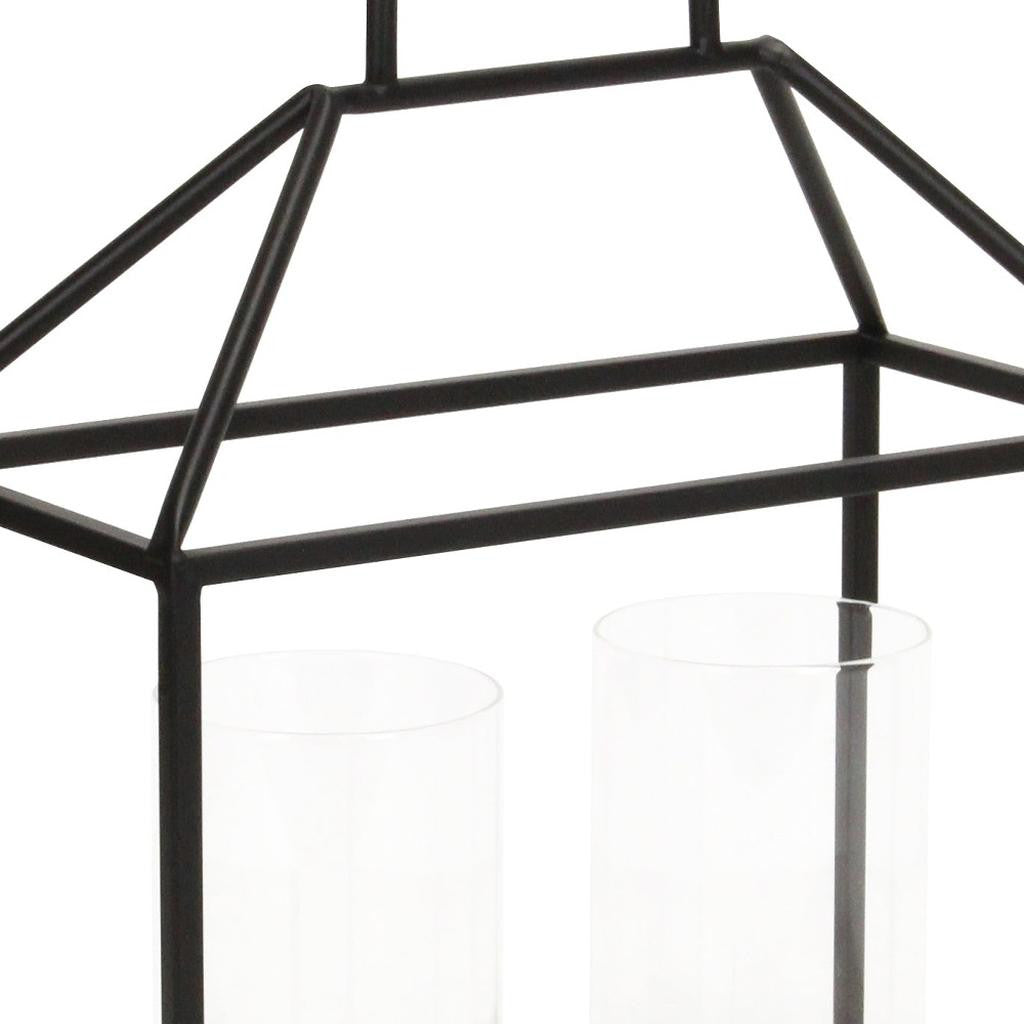 15" Black Metal Glass And Wood Geometric Two Light Hurricane Candle Holder - Loft&Timber