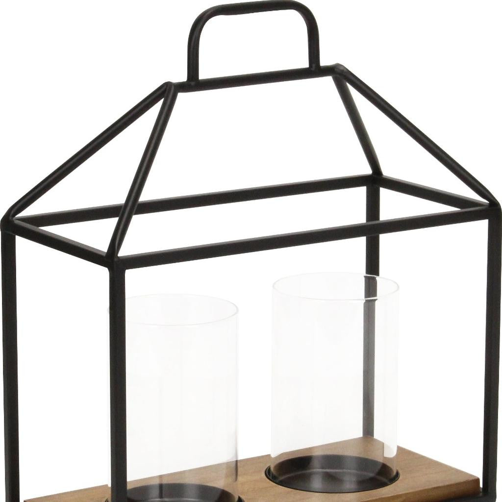 15" Black Metal Glass And Wood Geometric Two Light Hurricane Candle Holder - Loft&Timber