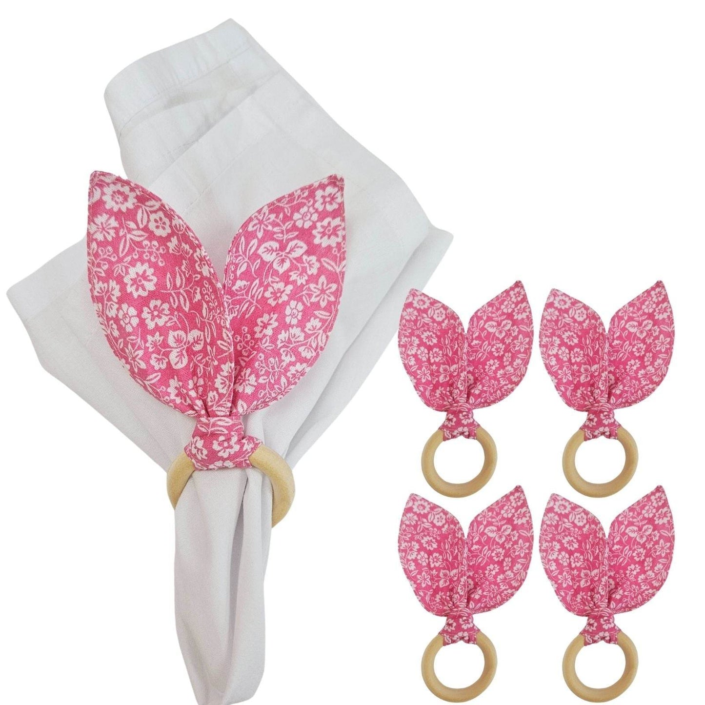 Maison Charlo | Easter Set of 4 Floral Pink White Bunny Ears Napkin Rings | Dining Table Decor - Loft&Timber