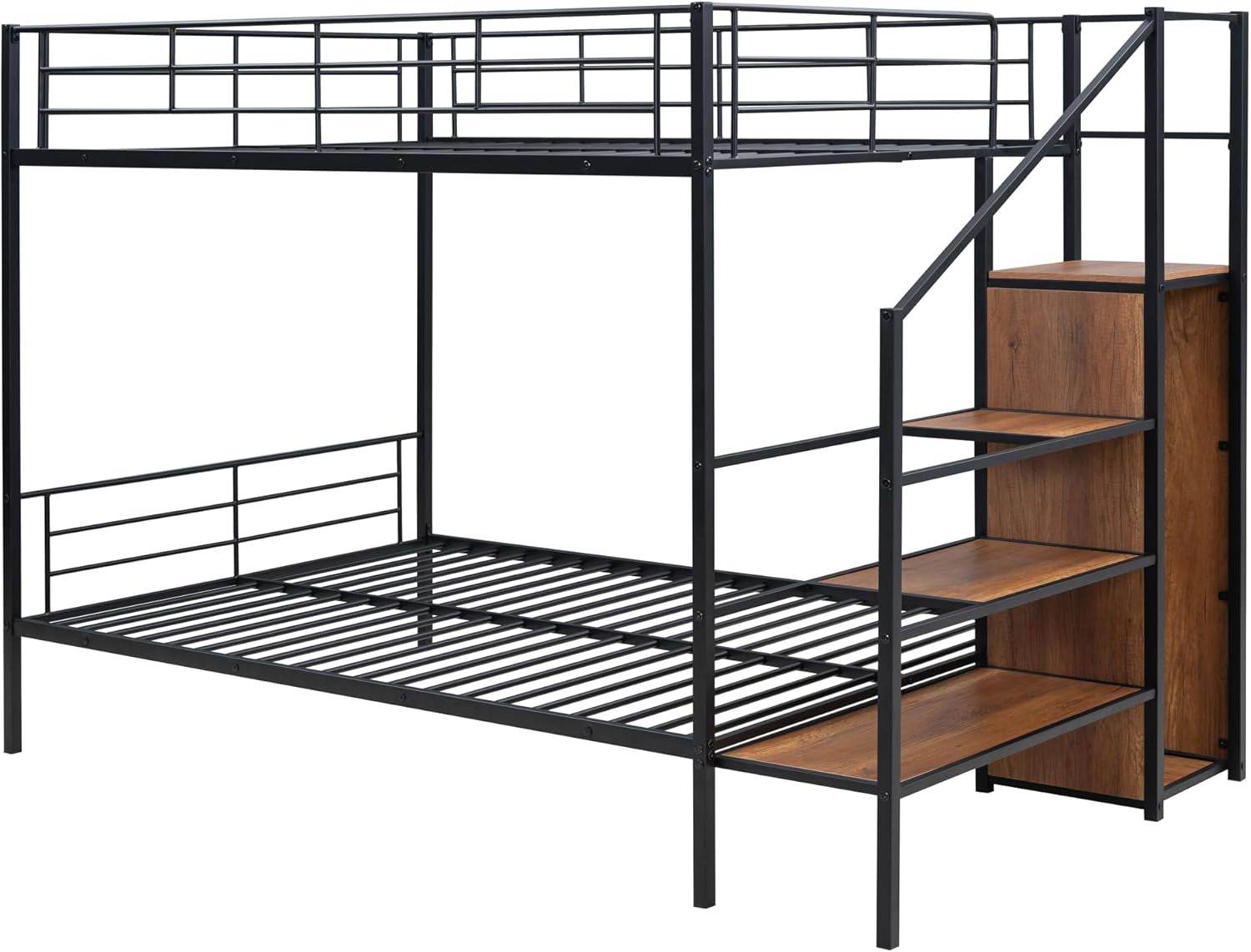 Full over Full Metal Bunk Bed,Bunk Bed with Storage Stairs and Wardrobe, Bunk Bed for Adults/Kids/Teens, Bunk Bed for School, Bedroom, Black - Loft&Timber