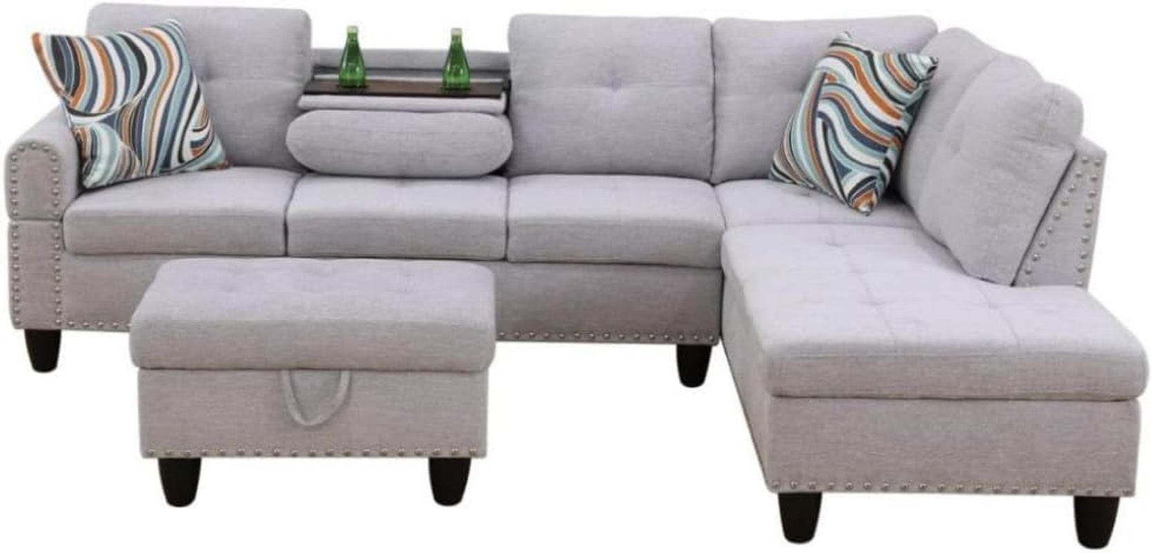 Grey White Flannel L-Shaped Sectional Sofa Ottoman - Loft&Timber