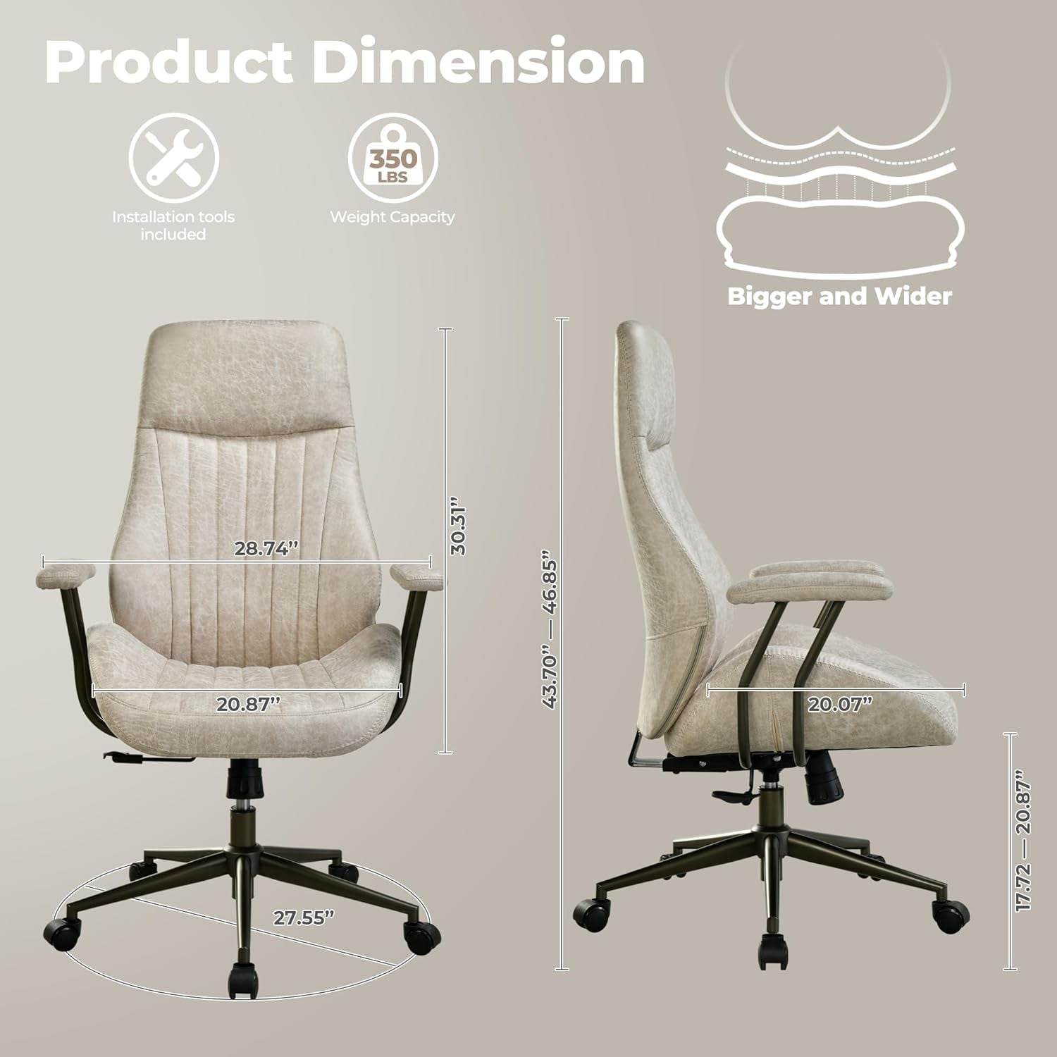 Ergonomic Home Office Chair, Mid-Century Modern Leather Chair with Lumbar Support (Beige, Suede Leather) - Loft&Timber