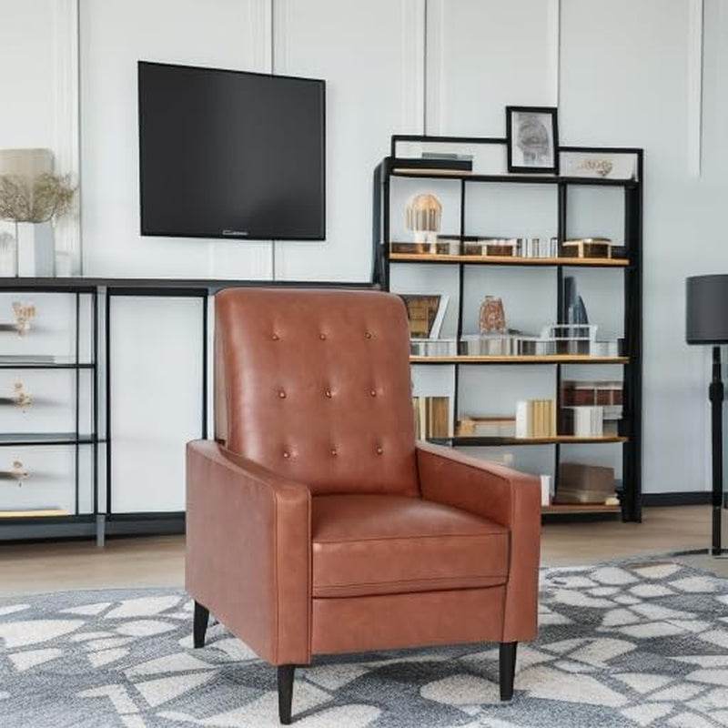 Erza Leathersoft Button Tufted Pushback Recliner, Mid-Century Modern Recliner Chair, Cognac Brown - Loft&Timber