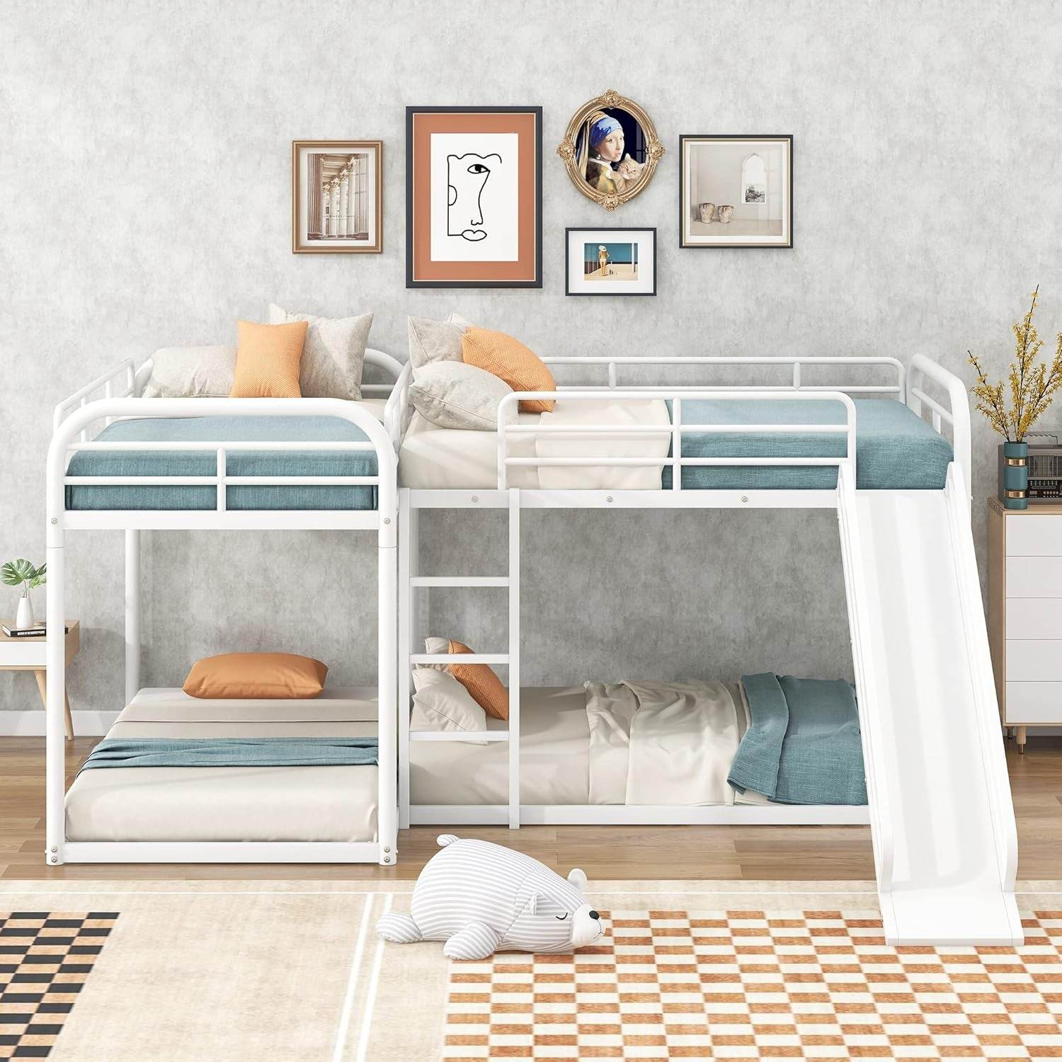 L-Shape Bunk Beds with Slide, Quad Bunk Bed for 4, Metal Twin Size Bunk Bed Attached with Full Size Bunk Bed Frame, Modern Corner Bunked for Multi-Kids Boys Girls Teens (White) - Loft&Timber