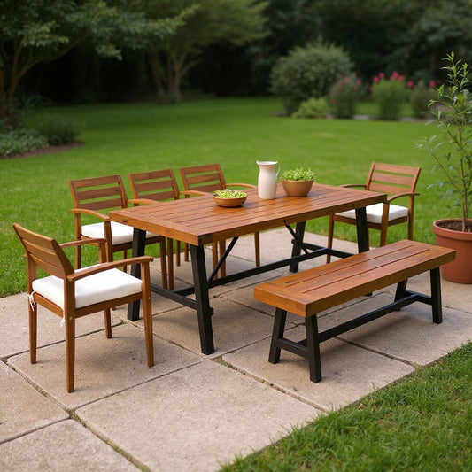 Seven Piece Natural and Beige Solid Wood Upholstered Cushions Outdoor Patio Set With Table-0