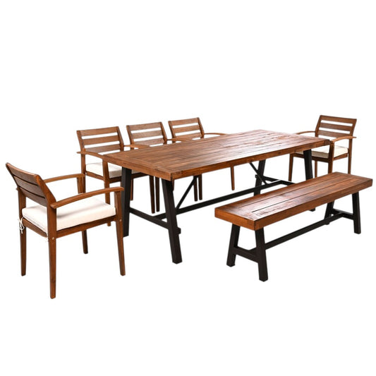 Seven Piece Natural and Beige Solid Wood Upholstered Cushions Outdoor Patio Set With Table-1
