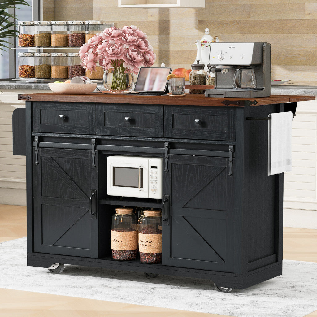 54" Black Wood Rolling Kitchen Island-6