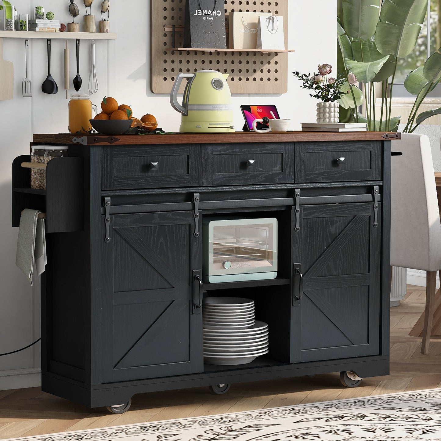 54" Black Wood Rolling Kitchen Island-7