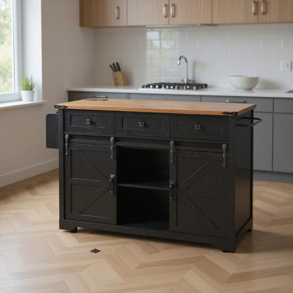 54" Black Wood Rolling Kitchen Island-0