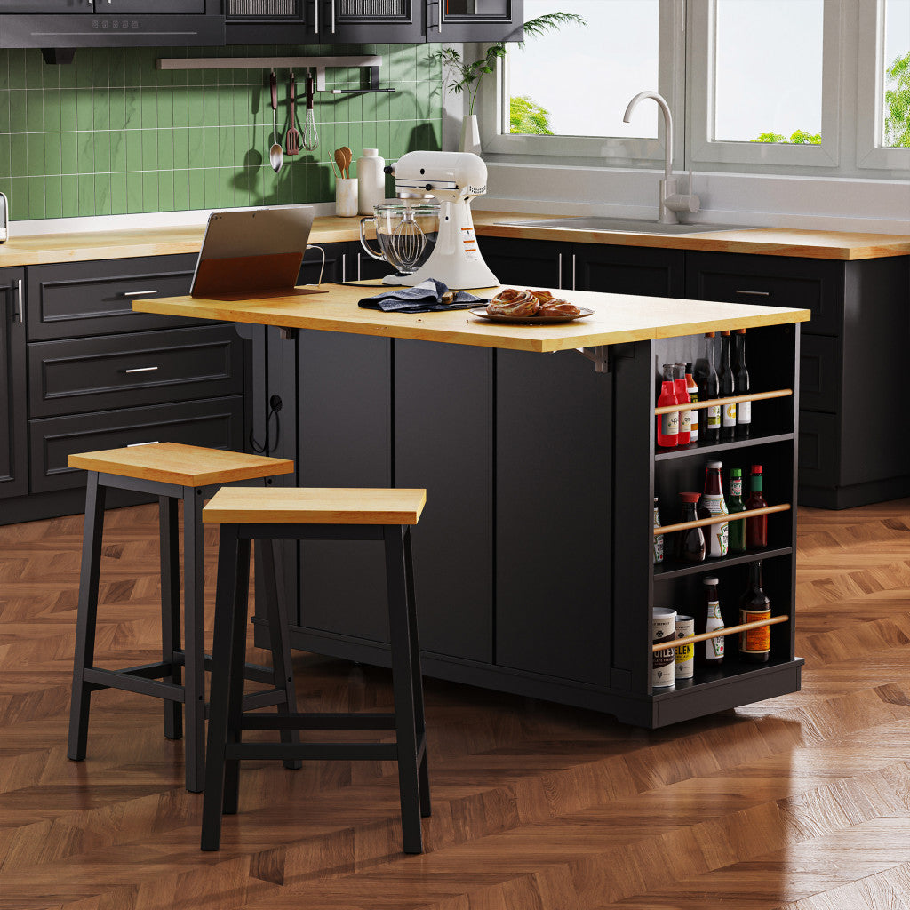 53" Black Wood Rolling Kitchen Island With Storage-3