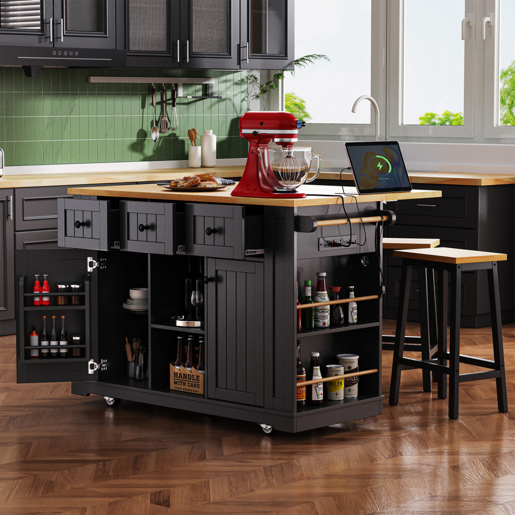 53" Black Wood Rolling Kitchen Island With Storage-4