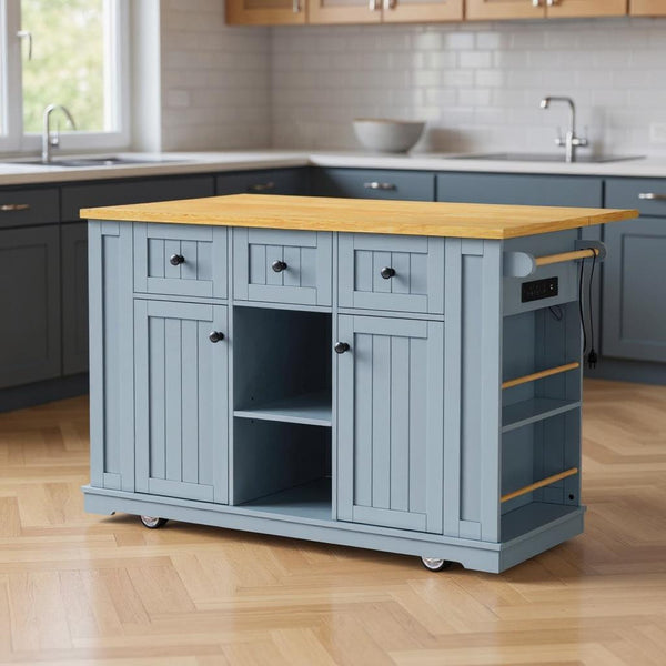53" Light Blue Wood Rolling Kitchen Island With Storage-0