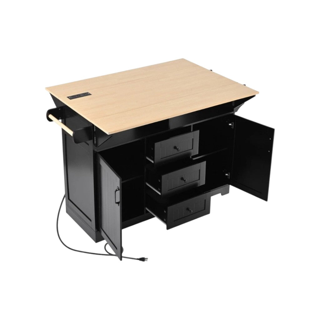 56" Black Wood Rolling Kitchen Island With Storage-2