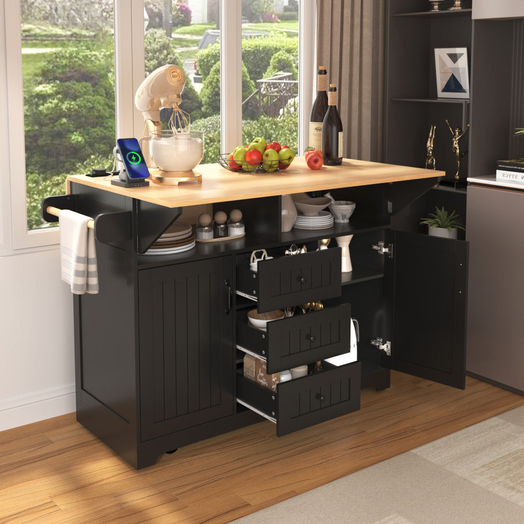 56" Black Wood Rolling Kitchen Island With Storage-7