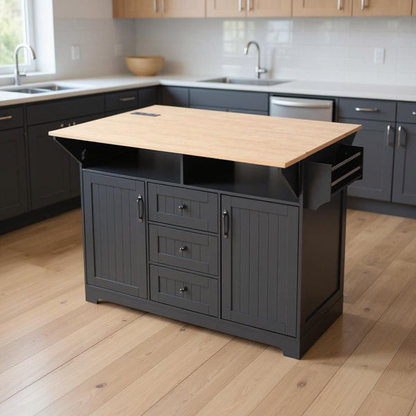 56" Black Wood Rolling Kitchen Island With Storage-0