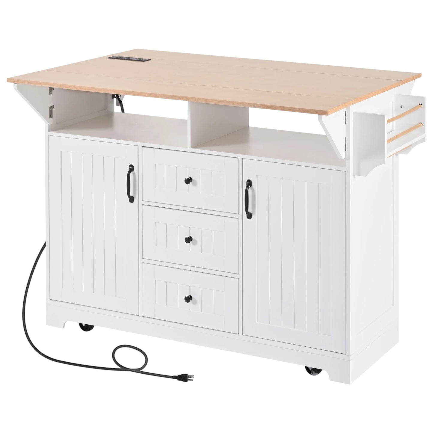 56" White Wood Rolling Kitchen Island With Storage-1