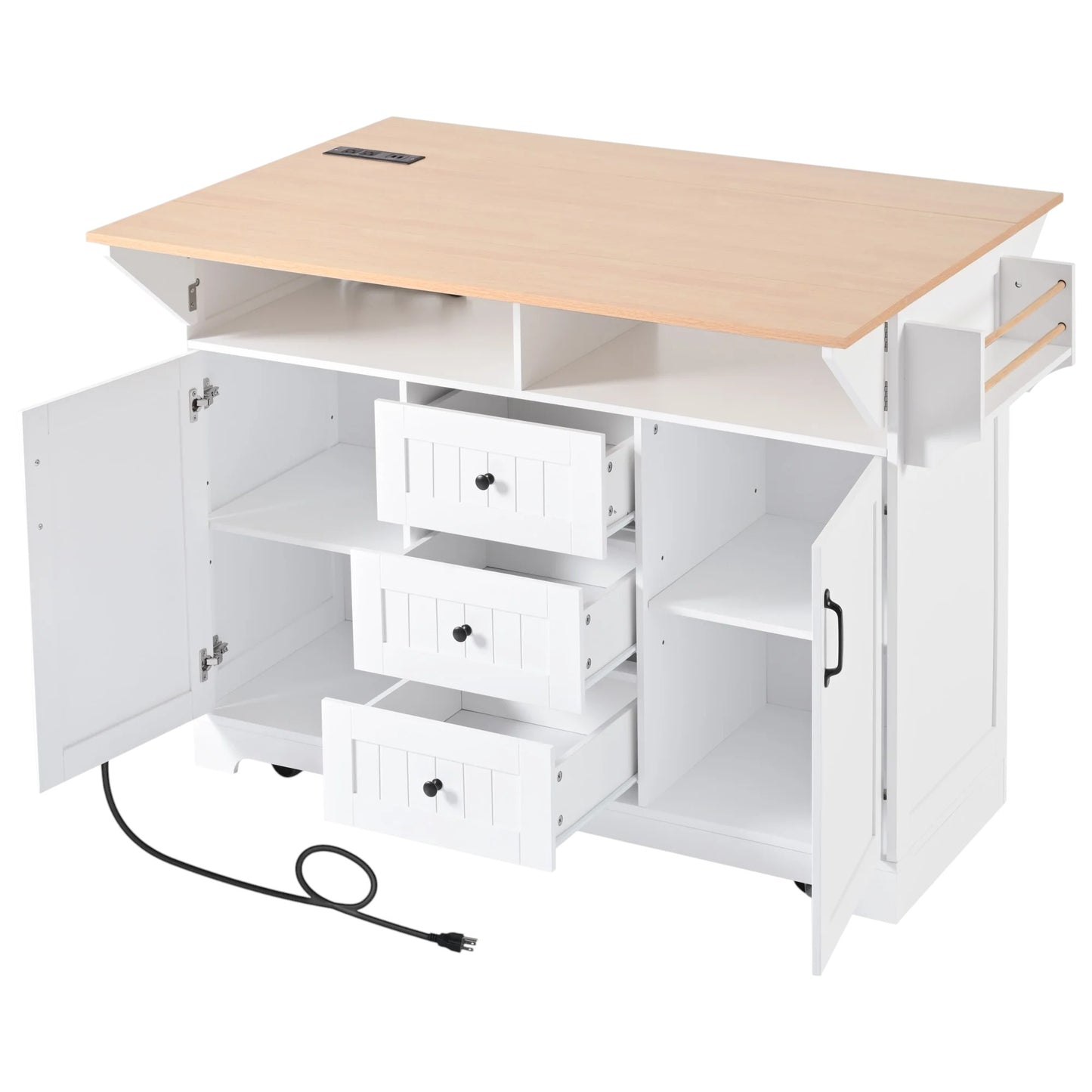 56" White Wood Rolling Kitchen Island With Storage-2