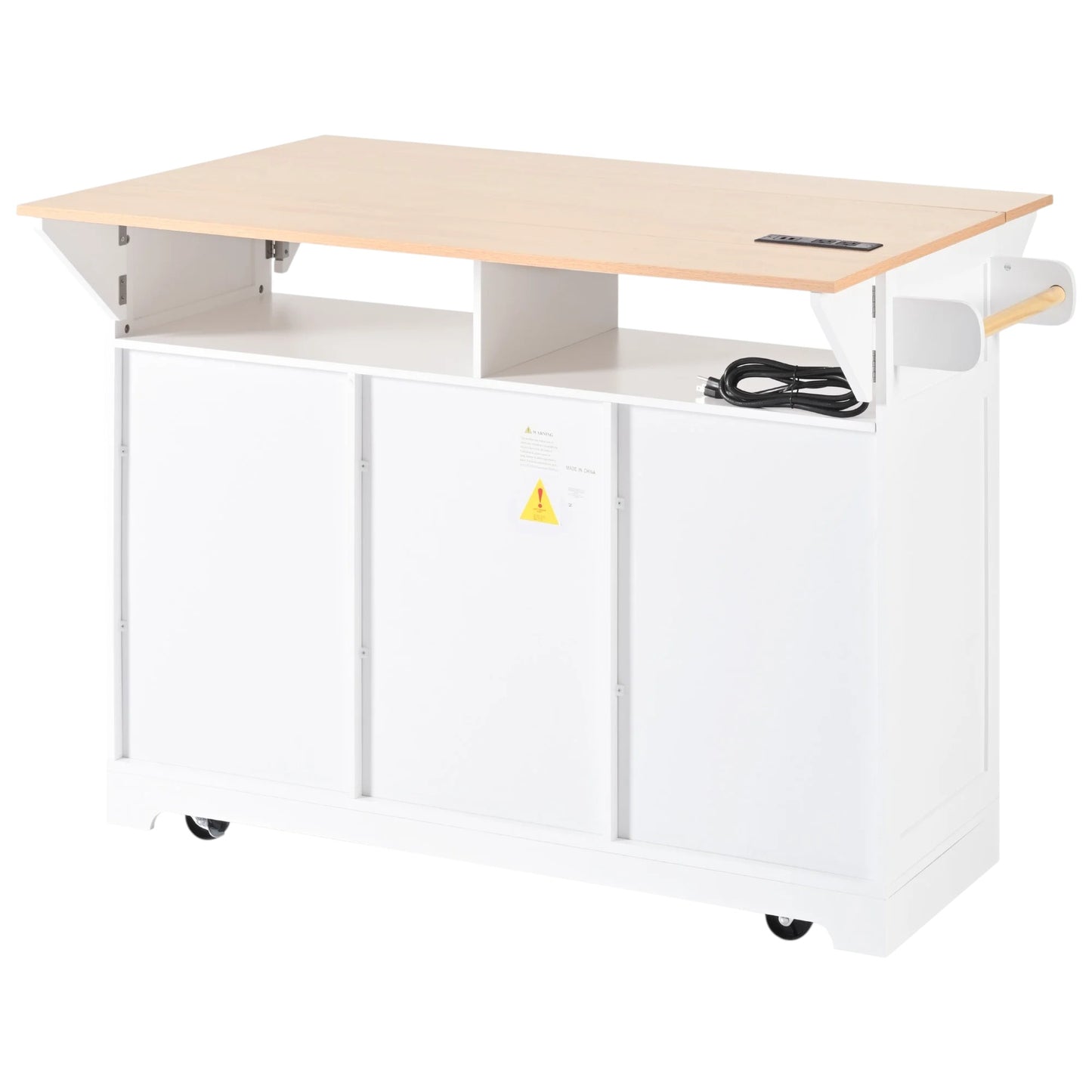 56" White Wood Rolling Kitchen Island With Storage-3