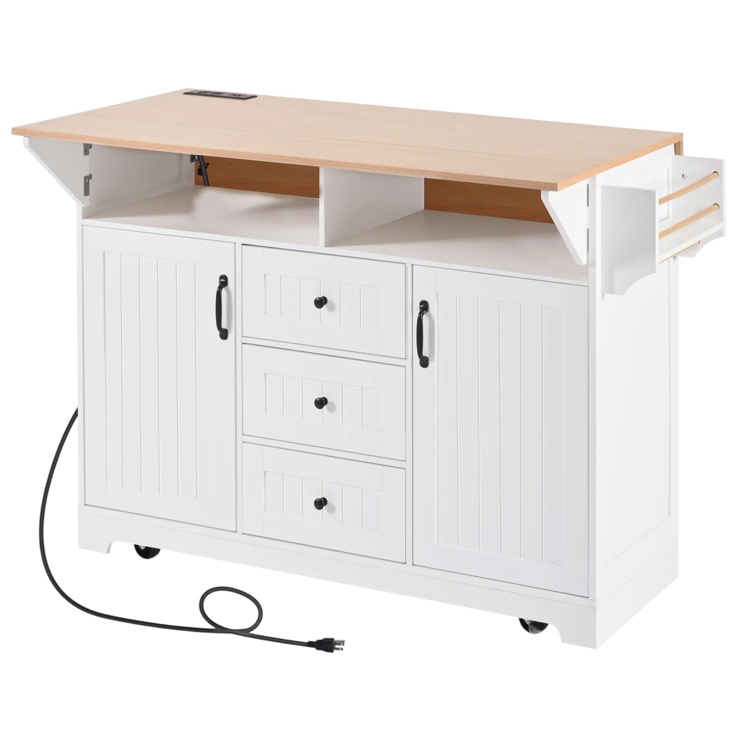 56" White Wood Rolling Kitchen Island With Storage-5