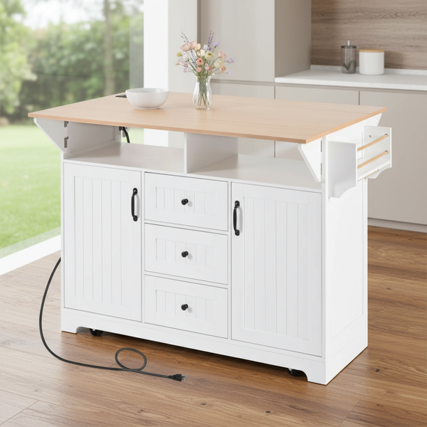 56" White Wood Rolling Kitchen Island With Storage-0