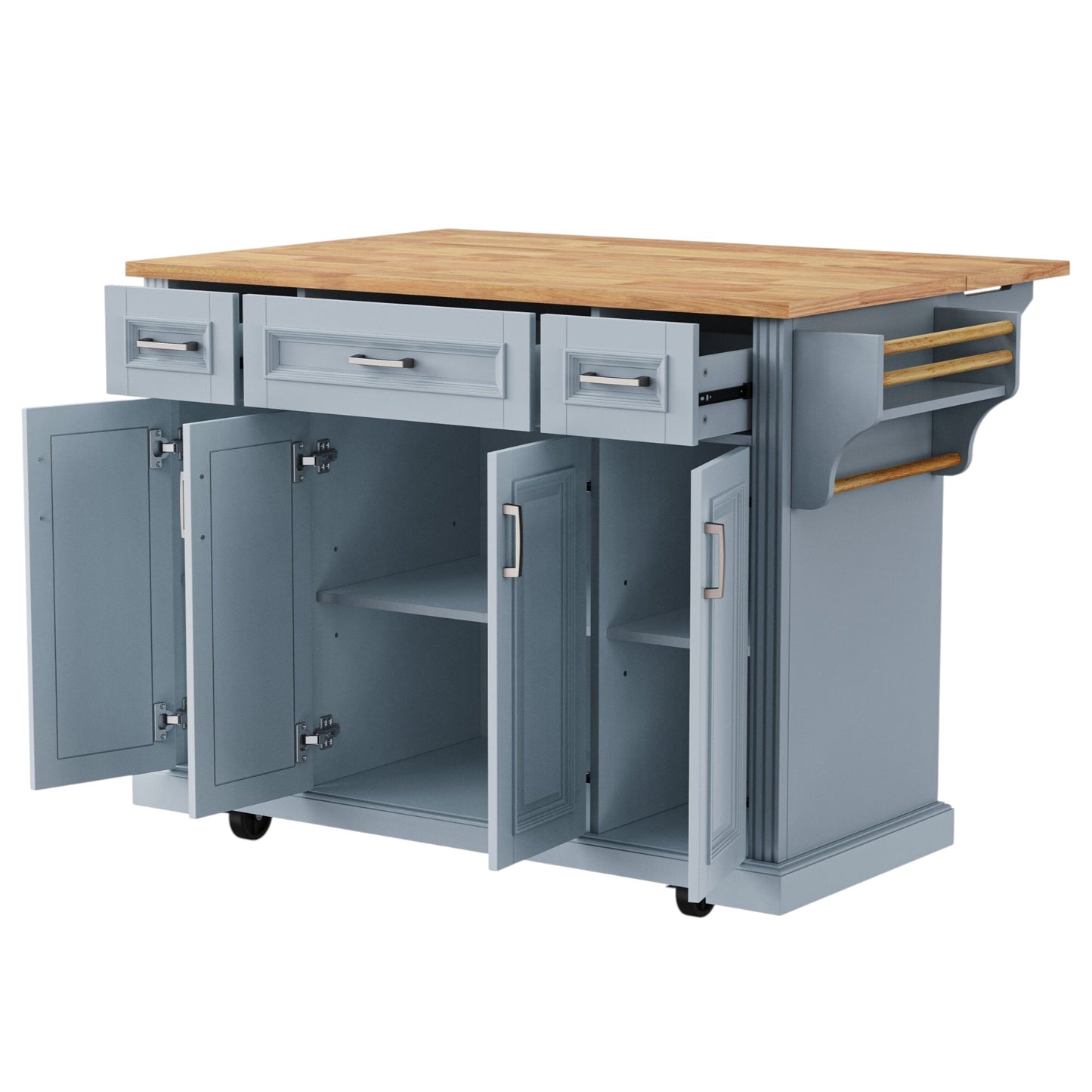 54" Light Blue Wood Rolling Kitchen Island With Storage-2