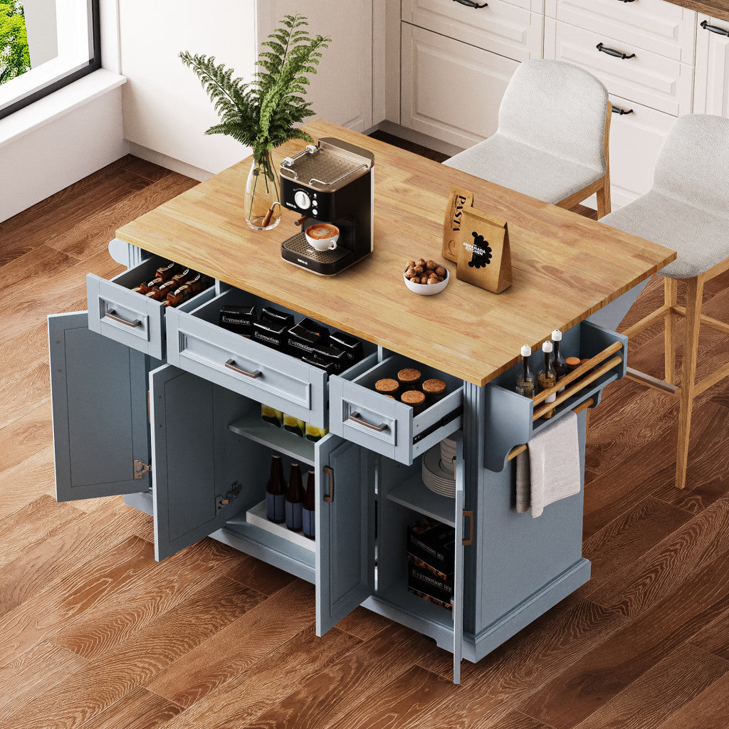 54" Light Blue Wood Rolling Kitchen Island With Storage-6