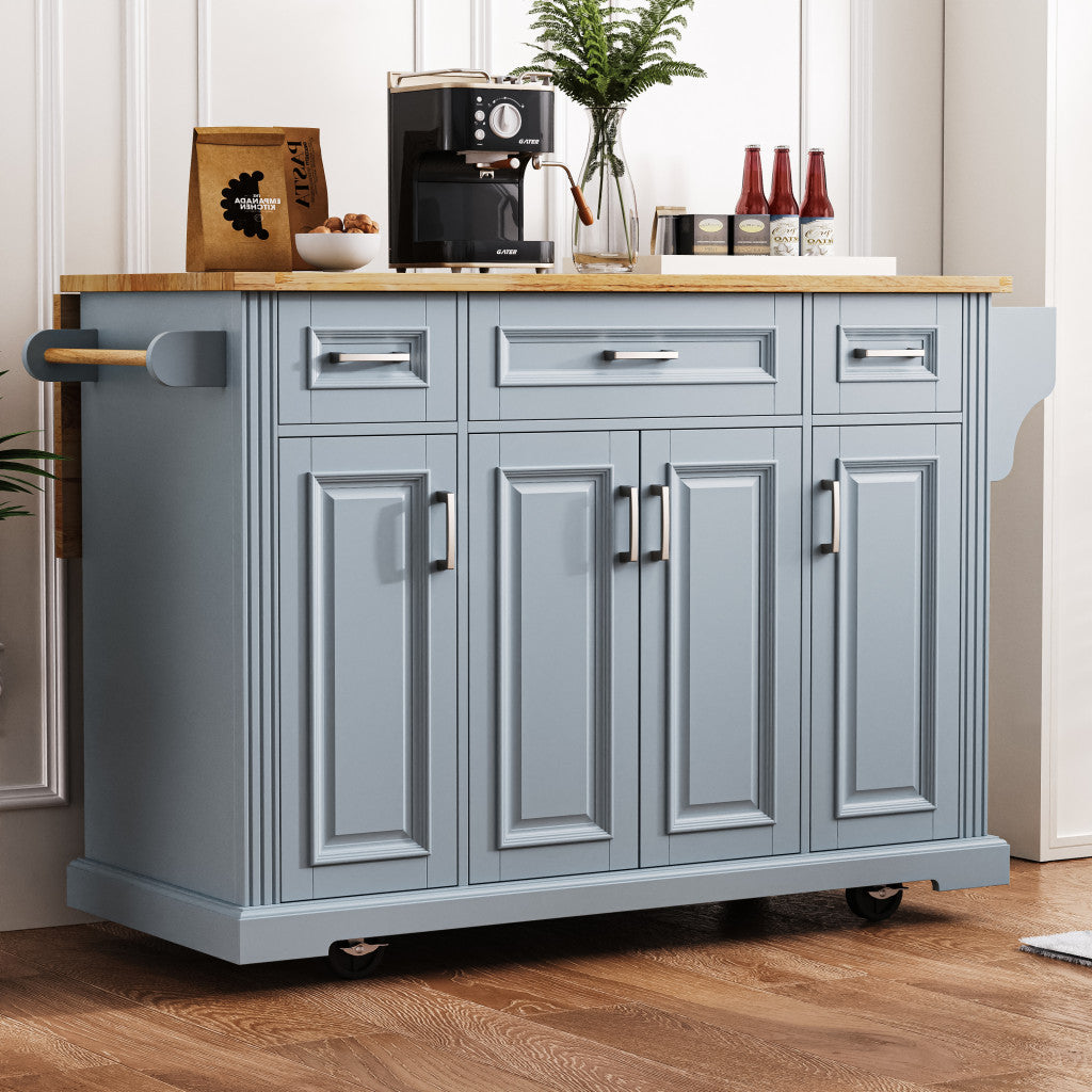 54" Light Blue Wood Rolling Kitchen Island With Storage-4
