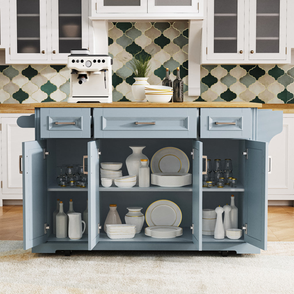 54" Light Blue Wood Rolling Kitchen Island With Storage-7