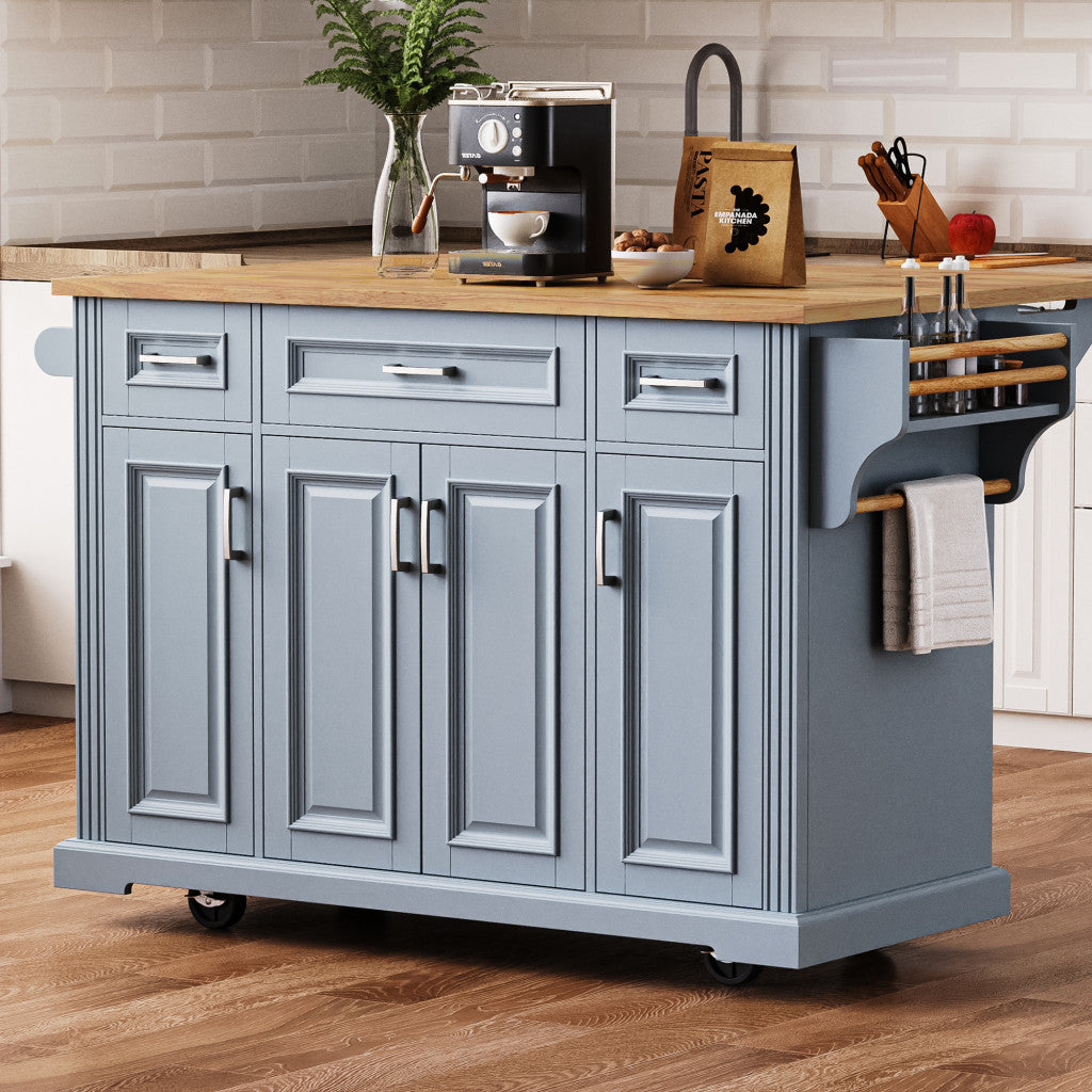 54" Light Blue Wood Rolling Kitchen Island With Storage-8