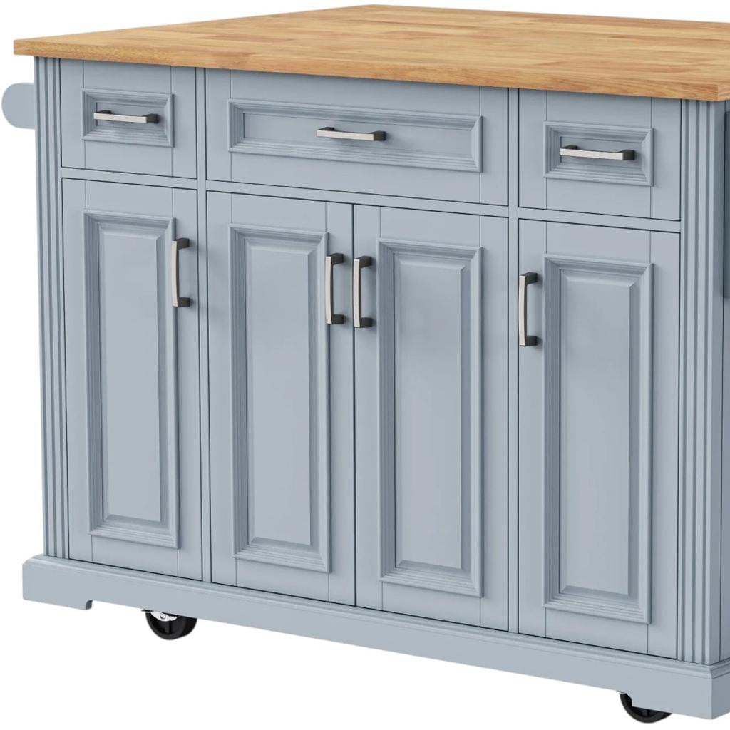 54" Light Blue Wood Rolling Kitchen Island With Storage-3