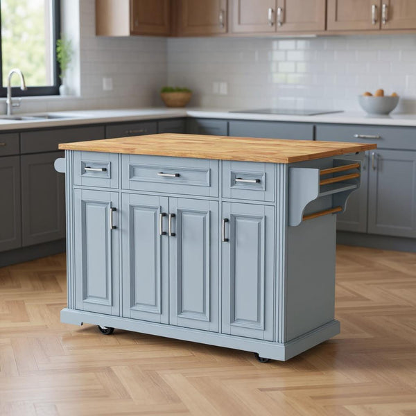 54" Light Blue Wood Rolling Kitchen Island With Storage-0