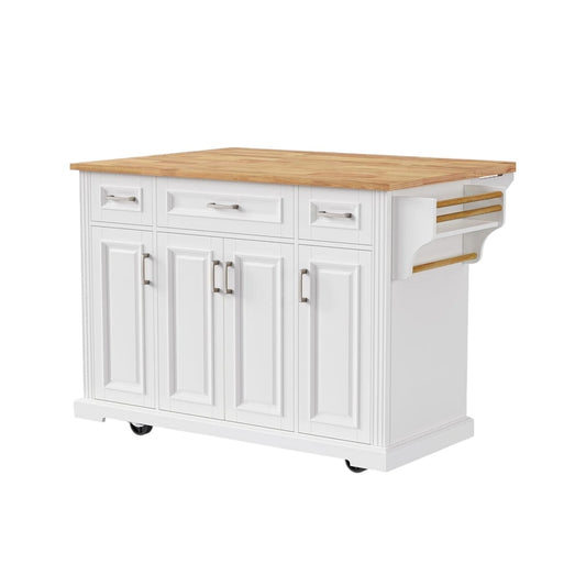 54" White Wood Rolling Kitchen Island With Storage-1