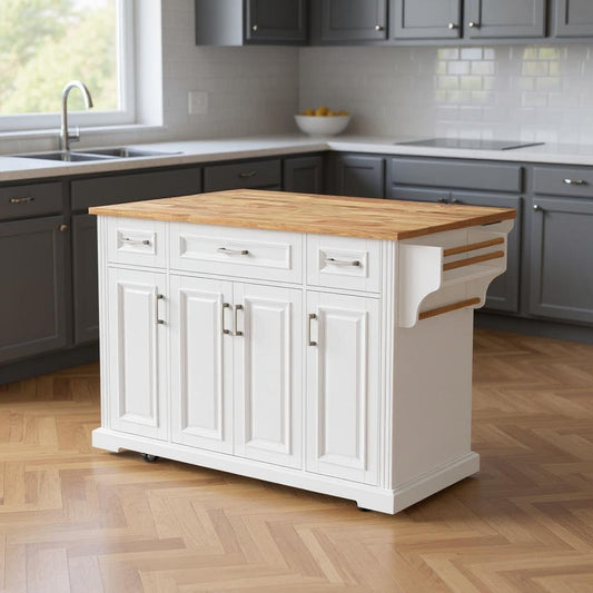 54" White Wood Rolling Kitchen Island With Storage-0