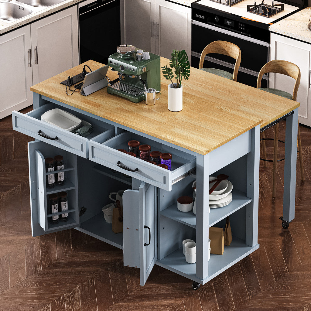 47" Light Blue Wood Rolling Kitchen Island With Storage-8