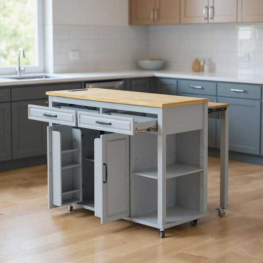 47" Light Blue Wood Rolling Kitchen Island With Storage-0