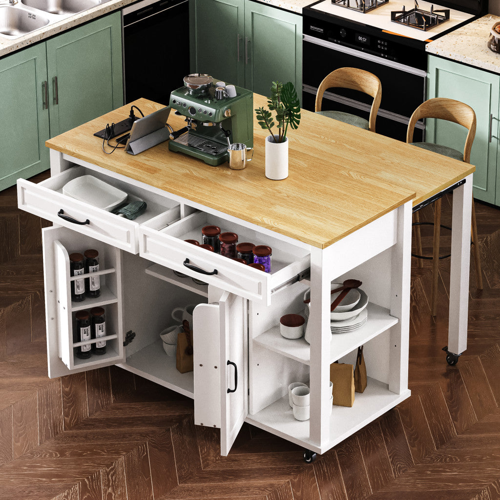 47" White Wood Rolling Kitchen Island With Storage-5