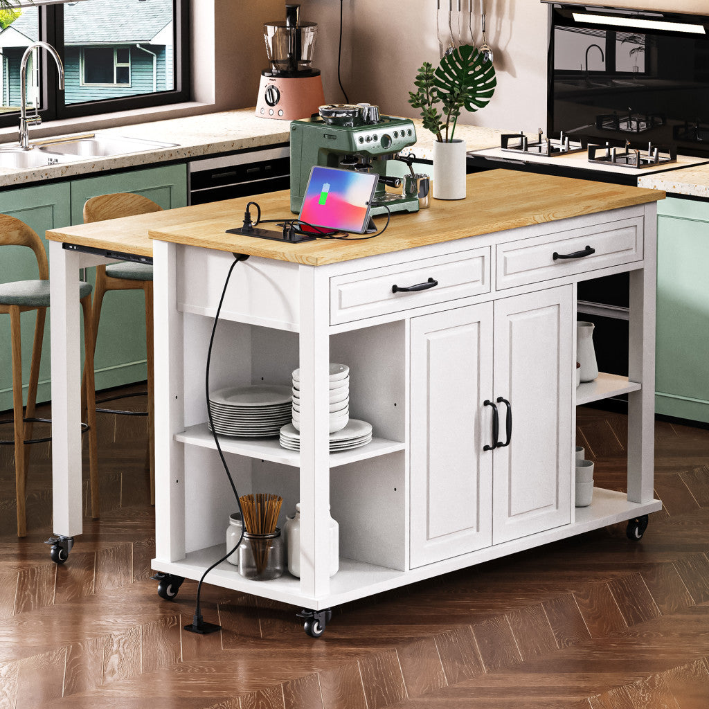 47" White Wood Rolling Kitchen Island With Storage-7