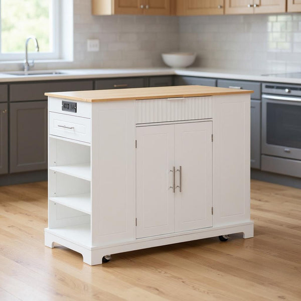 49" White Wood Rolling Kitchen Island With Storage-0